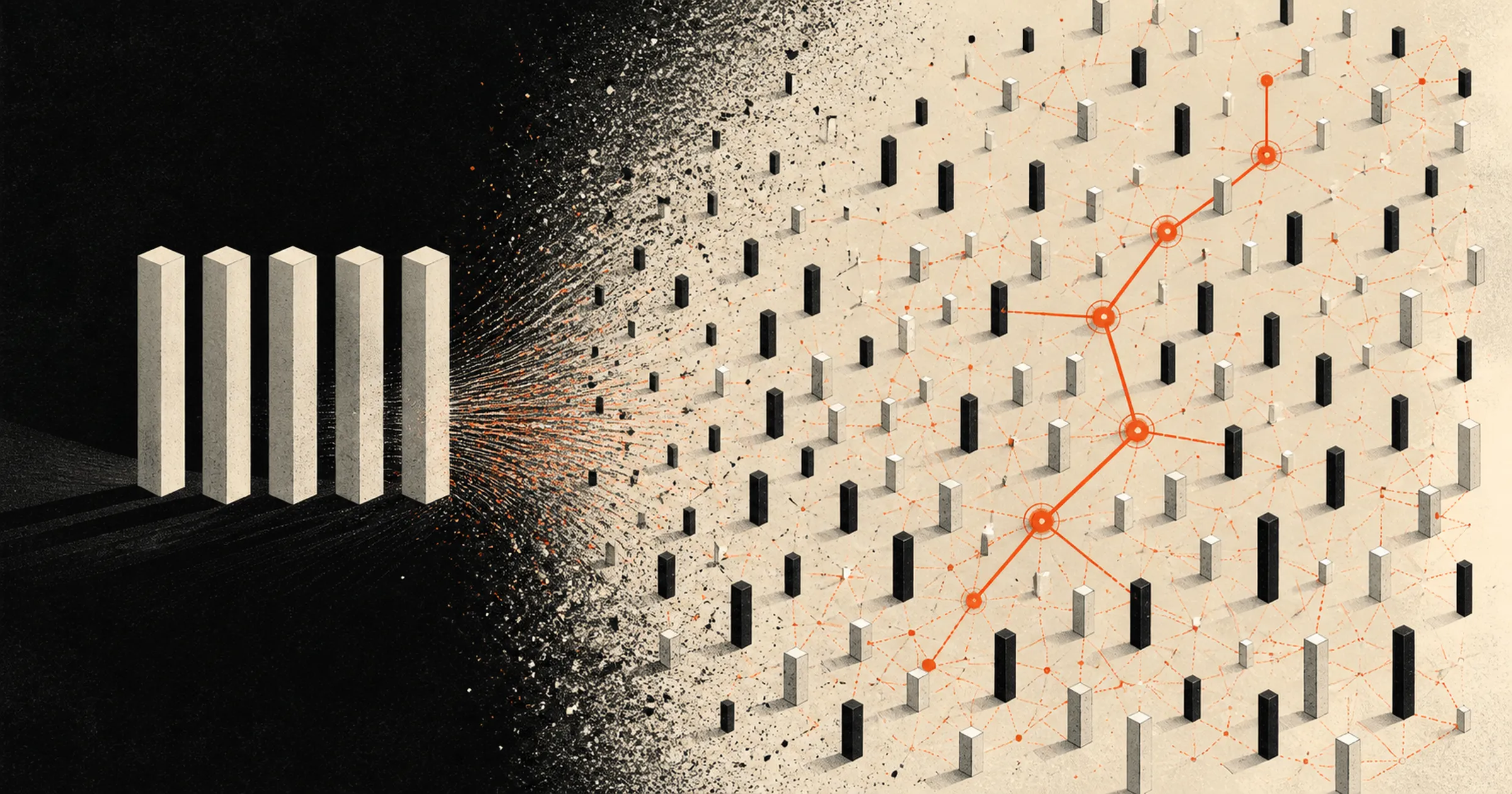 Five tall pale columns standing on black, spraying apart into a pale field of dozens of small scattered blocks laced with thin red connection lines.