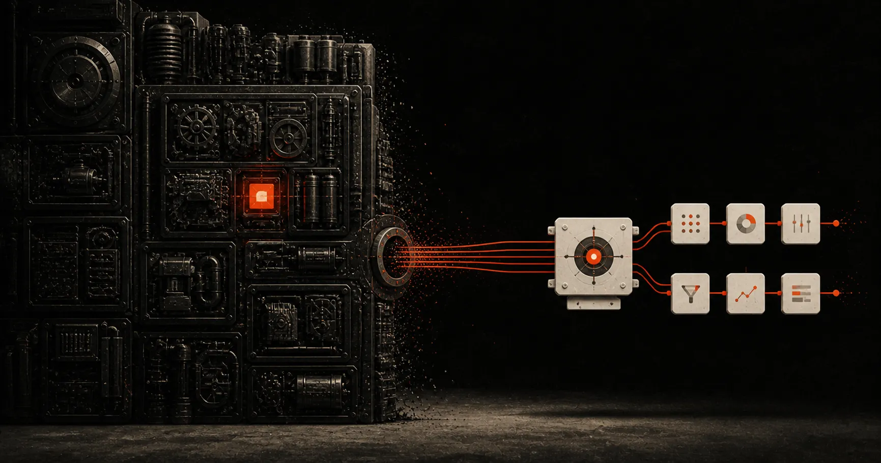 A wall of dark industrial machinery crumbling away at its right edge, with orange lines running out through a circular port into a pale control box that feeds six clean white tiles of simple chart, filter and slider icons.