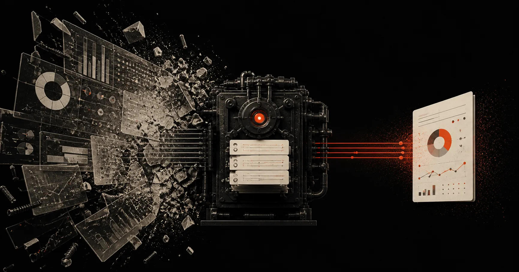 A black machine drawing in a spray of shattered grey dashboard panels on one side and sending a single clean report page out the other along red wires.
