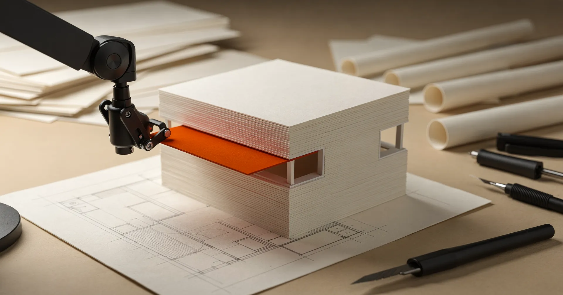 A cream paper model of a small building on a workbench, assembled sheet by sheet, with a matte black robotic arm sliding one orange sheet into place over a set of blueprints.