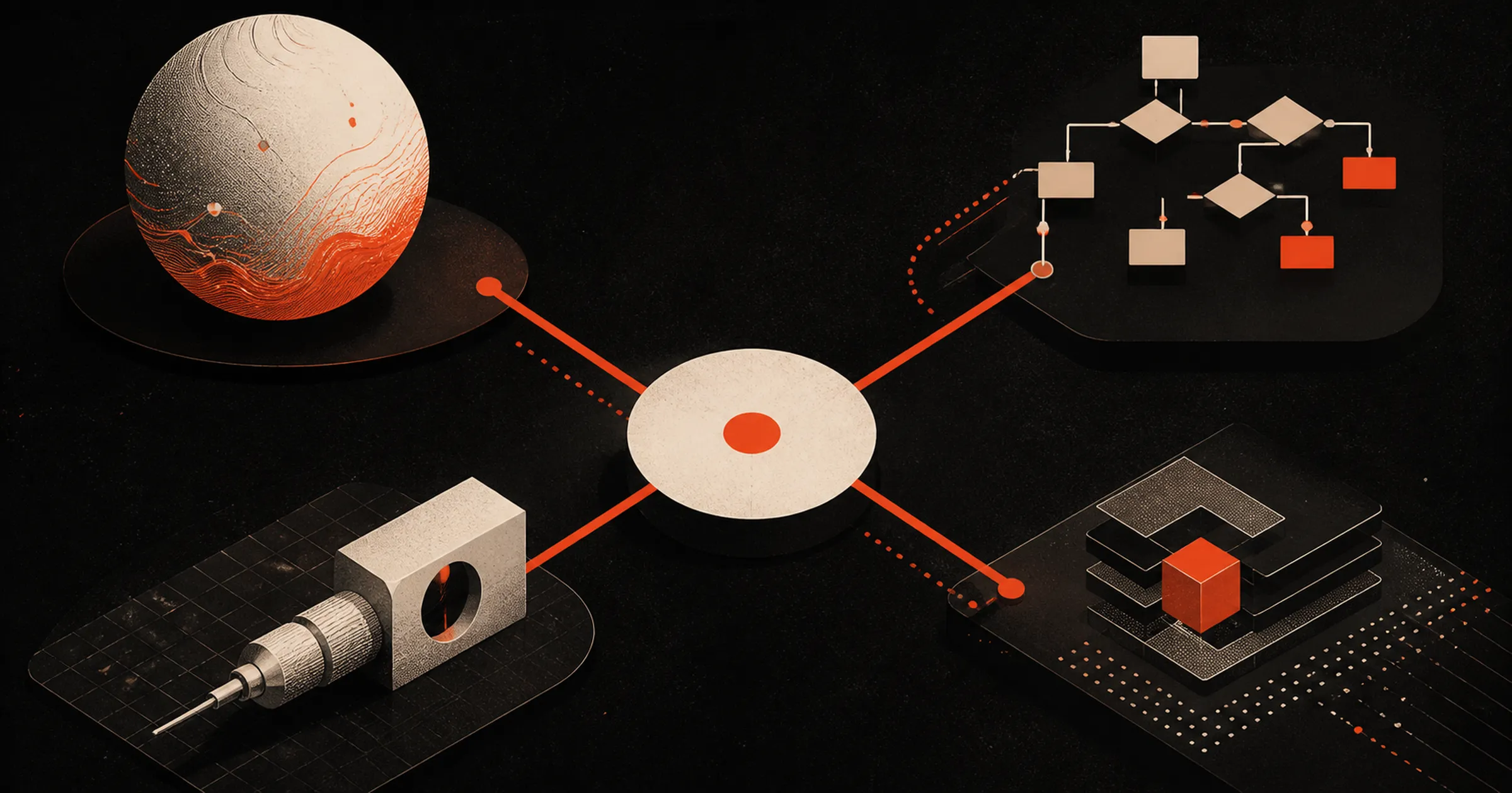 Four distinct objects, a textured sphere, a flowchart, a lens instrument and a layered stack, each joined by a red line to a single pale disc at the center.