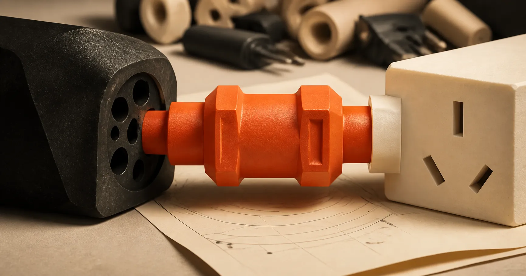 A hand-made orange adapter bridging a black multi-pin socket on one side and a cream three-pin wall outlet on the other, sitting on a workbench of drawings and offcuts.