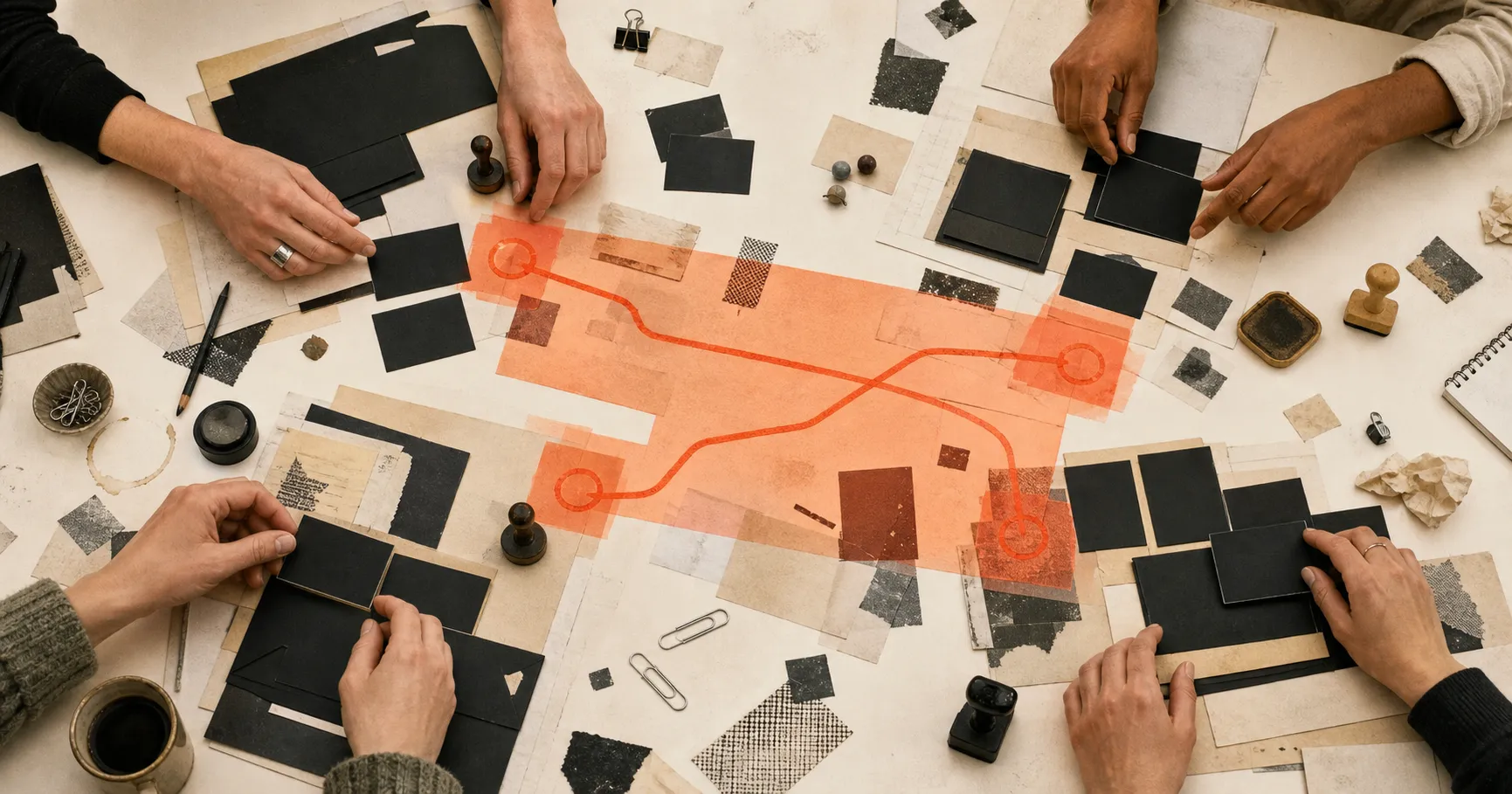 Four pairs of hands around a table laying out black and paper cards, with a translucent orange band across the middle carrying a single routed line between four marked points.