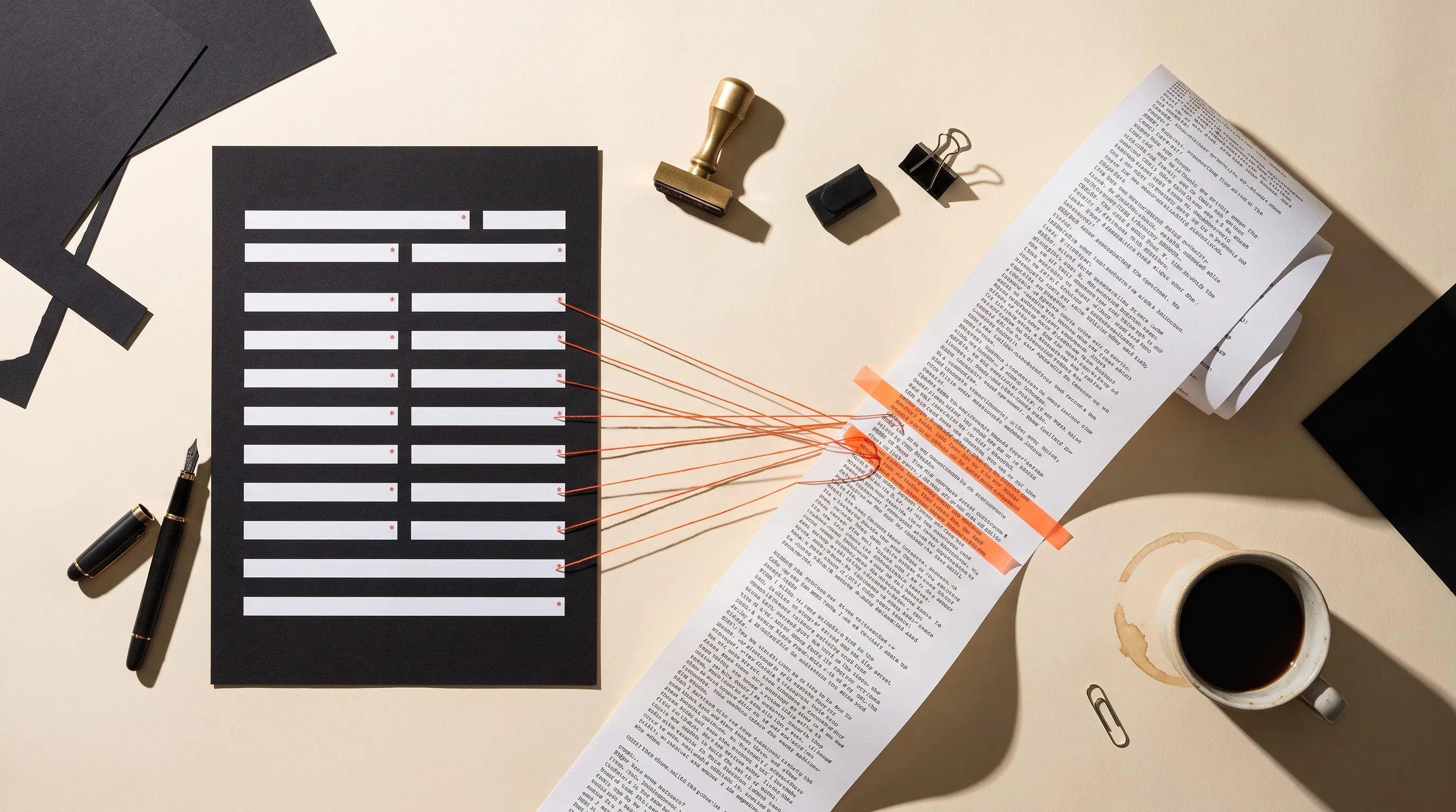 Overhead view of a cream worktable: a black CRM intake form with rows of empty fields marked by red asterisks on the left, and a long ribbon of printed call transcript on the right, with a translucent orange highlight running down the transcript and orange threads carrying lines from it into the blank form fields.