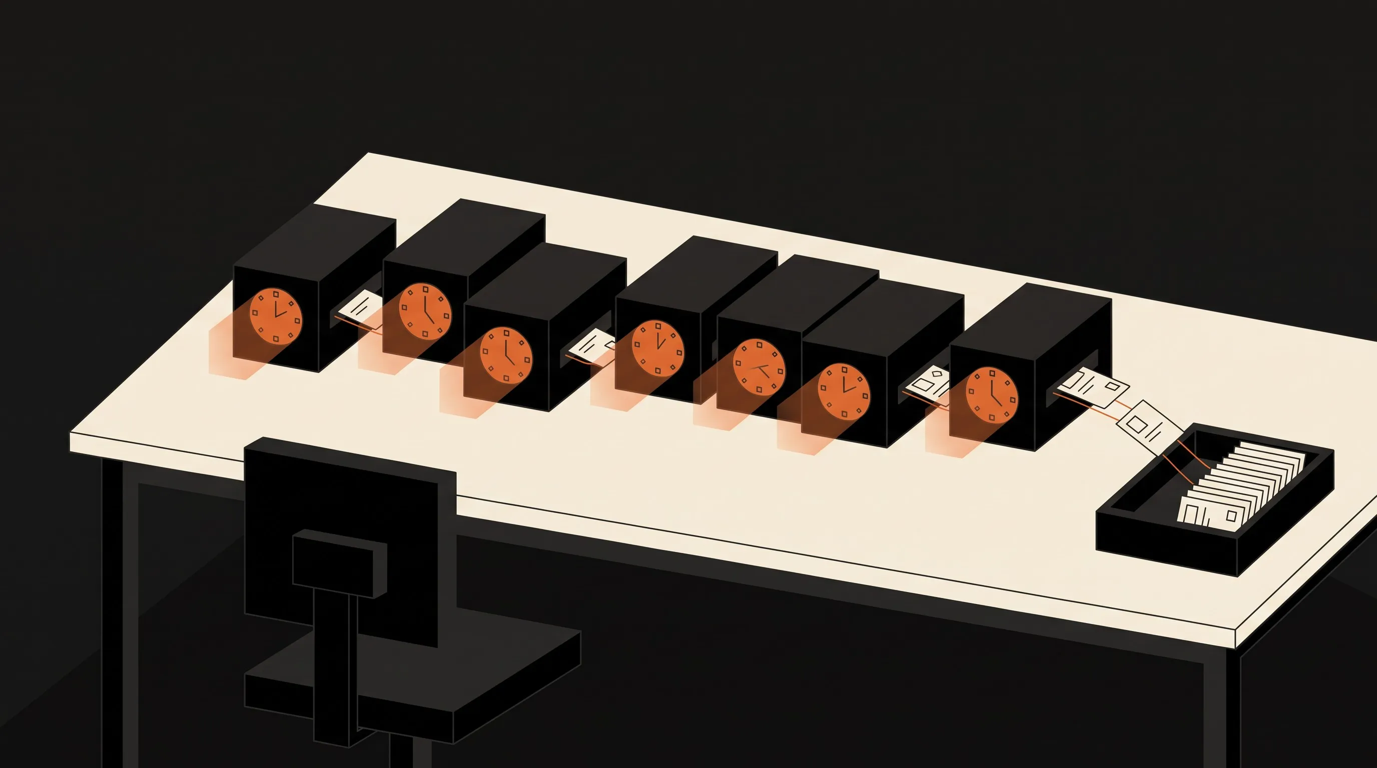Editorial illustration in bone, black and orange: seven small matte black machine modules stand in a row across a cream worktable in a dark room, each lit from within by a glowing orange clock dial. Thin orange threads carry pale paper cards from each module into a single neat tray at the end of the row. The one work chair at the table is empty and unlit.
