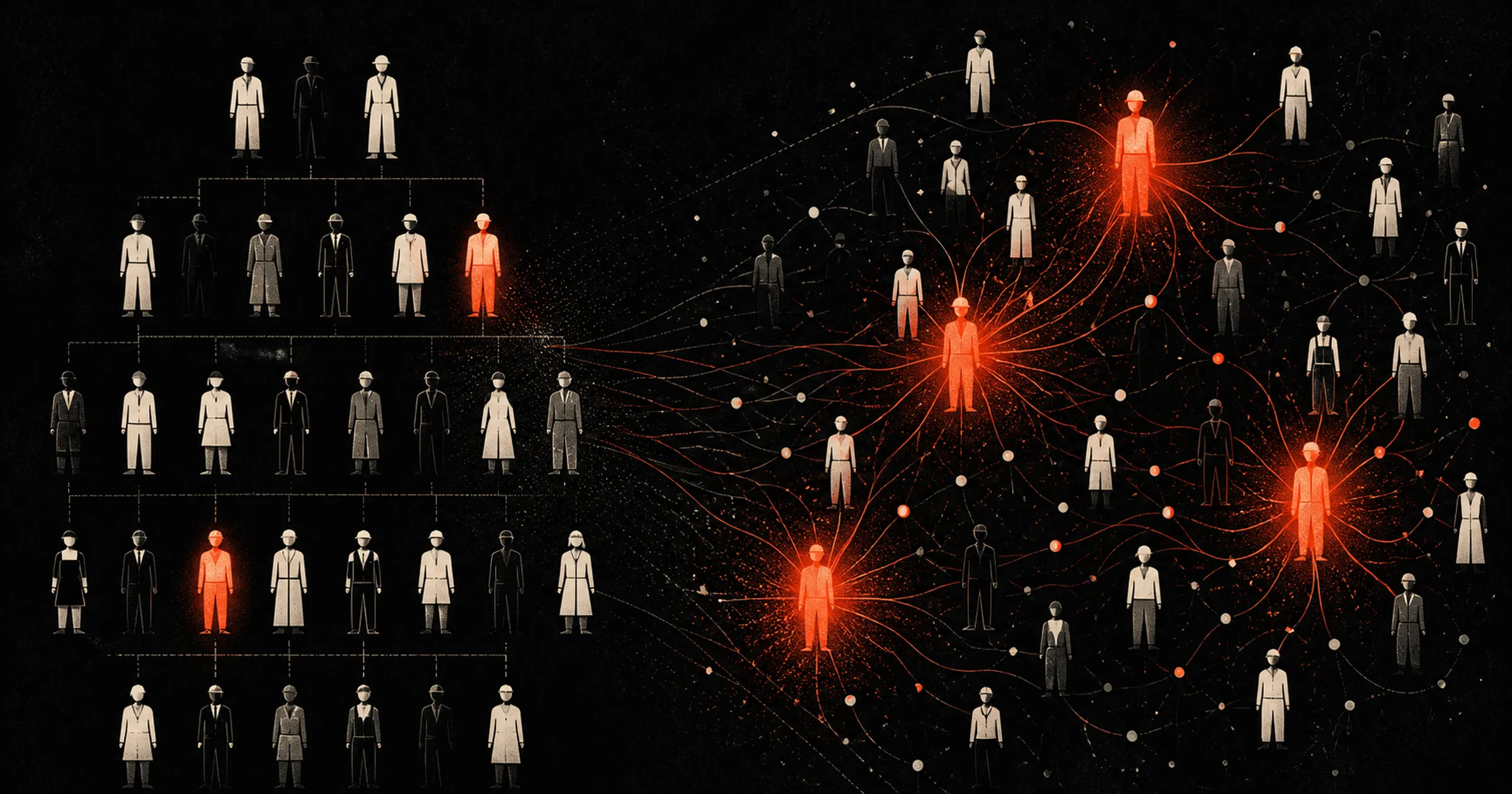On the left a rigid org chart of identical figures, on the right the same figures scattered loose, a few of them glowing red and radiating connections outward.