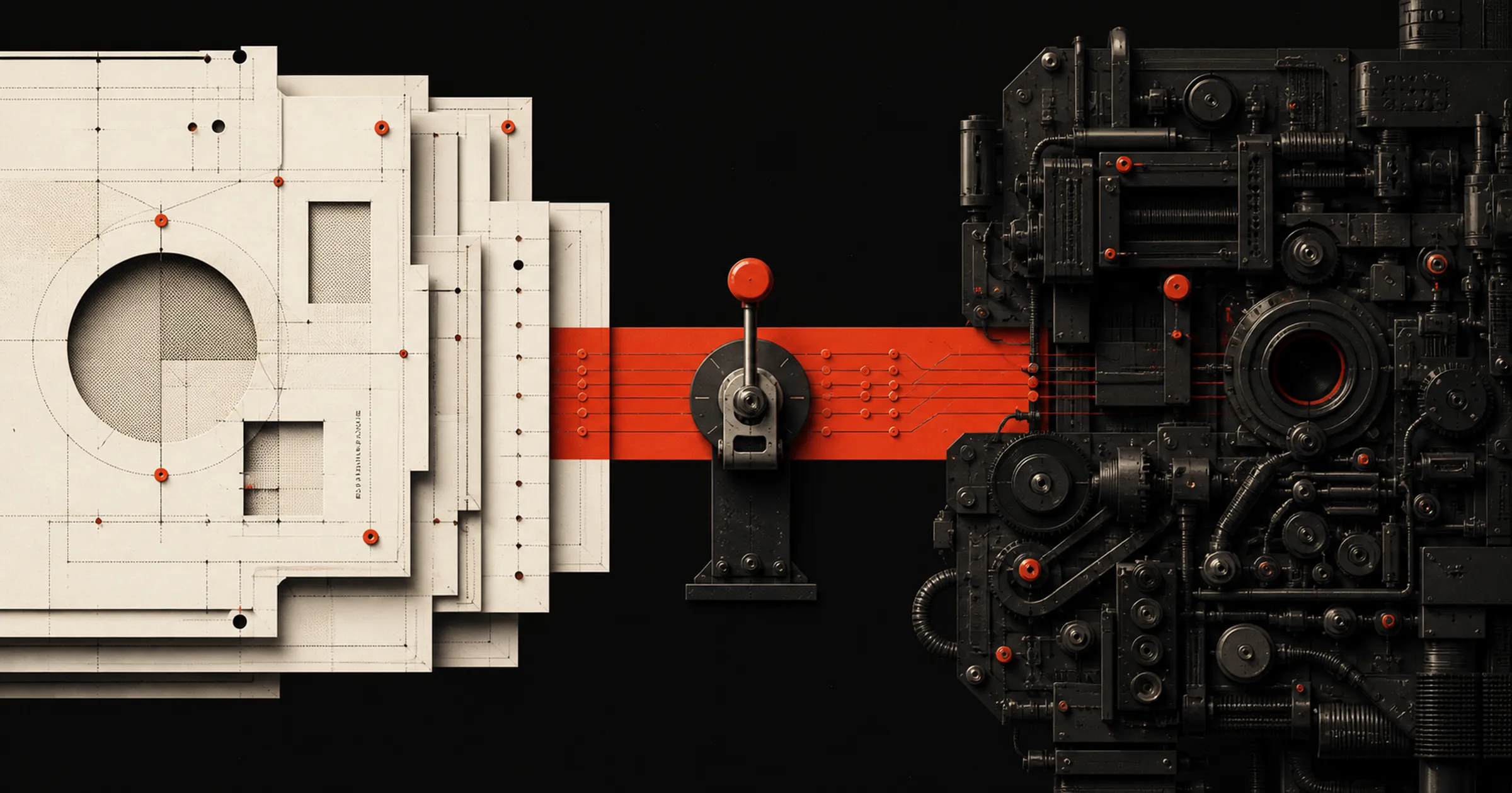 A stack of pale blueprints on the left, joined by a red band and a single lever to a dense black machine on the right.