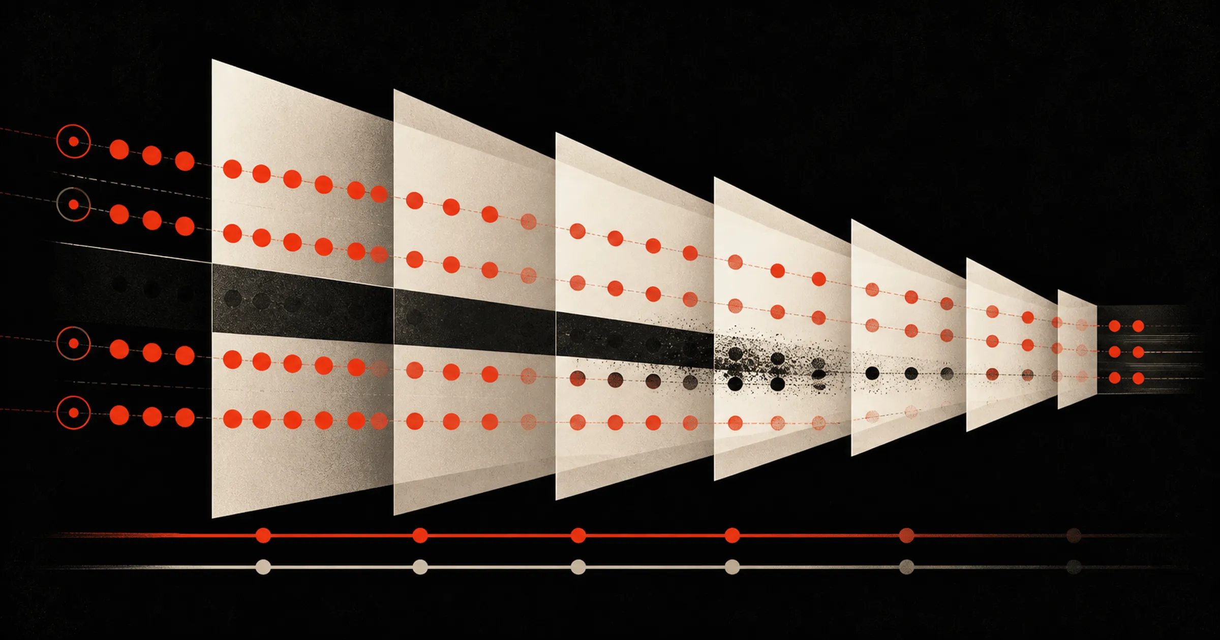 A row of pale panels receding into the distance with red dots passing through each one, while a black band running alongside them breaks apart part way along.